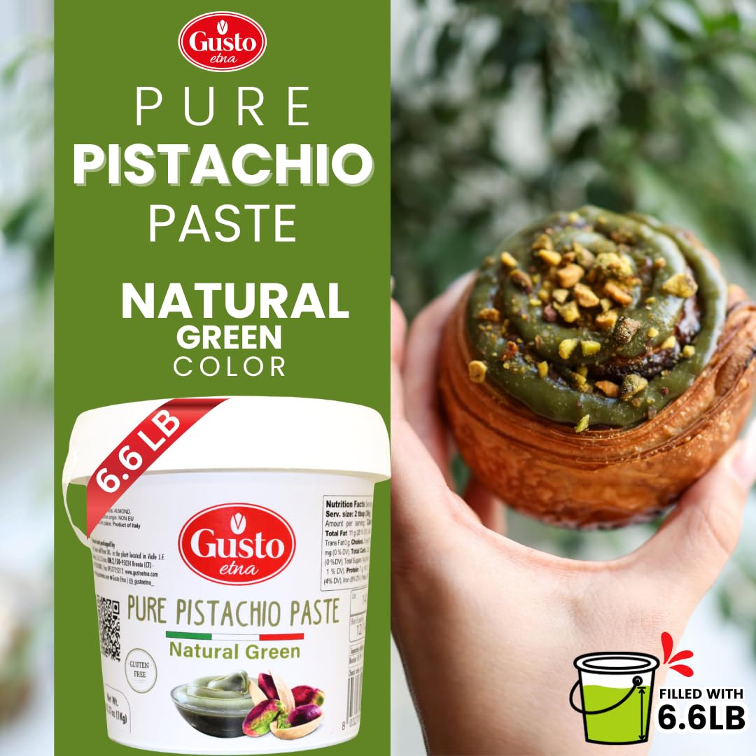 Gusto Pure Pistachio Paste packaging with a container and a pastry topped with the paste.