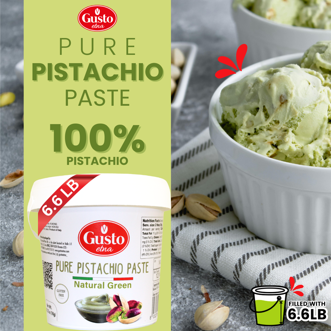 Gusto Etna pure pistachio paste 100% pistachio natural green 6.6 lb tub with ice cream bowl and pistachio nuts on grey background – gluten free Italian product