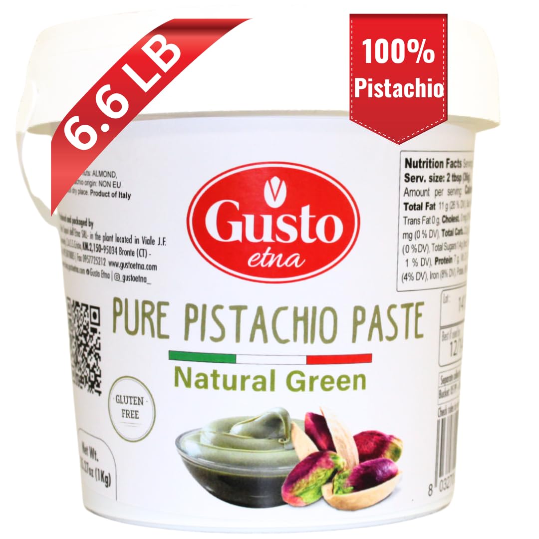 Gusto Etna pure pistachio paste container with red label and pistachio illustration.