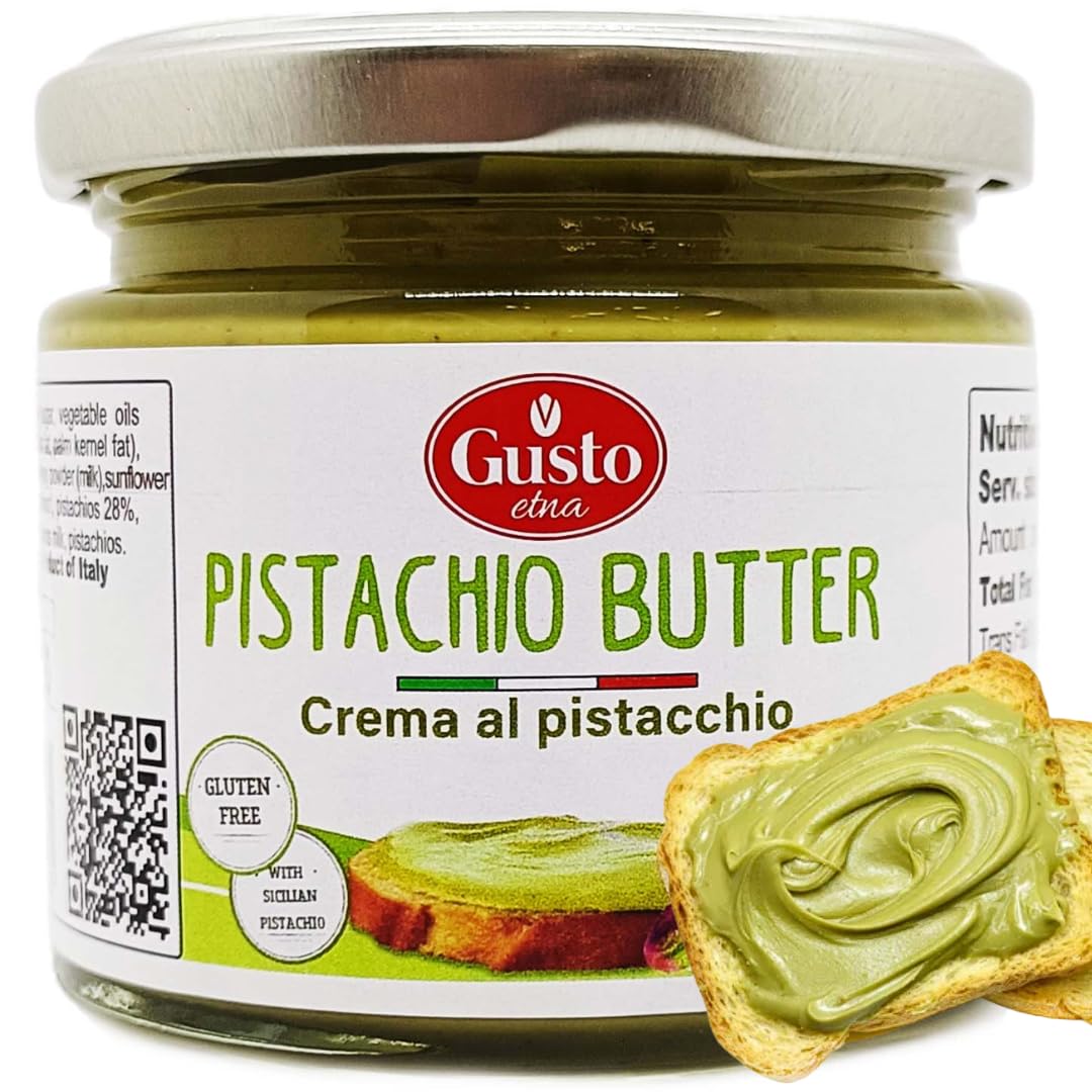 Glass jar of Gusto Etna Pistachio Butter, labeled “Crema al pistacchio,” gluten-free and made with Sicilian pistachio, with the lid on and no bread or toast shown.