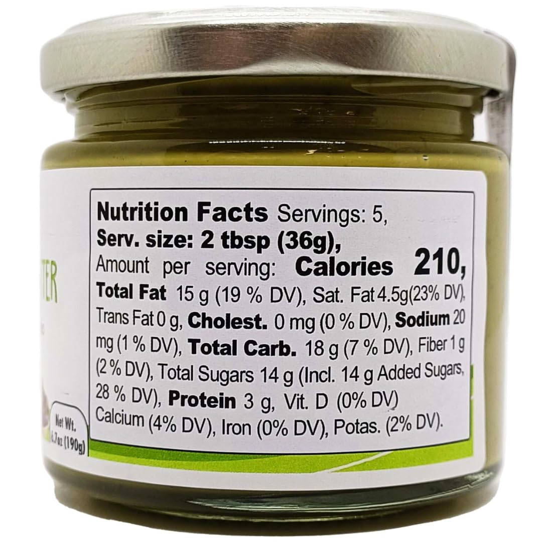 Glass jar of Gusto Etna Pistachio Butter, labeled “Crema al pistacchio,” gluten-free and made with Sicilian pistachio, with the lid on and no bread or toast shown.
