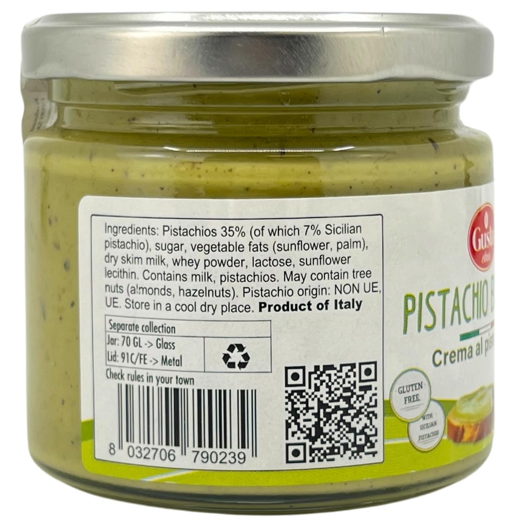Glass jar of Gusto Etna Pistachio Butter, labeled “Crema al pistacchio,” gluten-free and made with Sicilian pistachio, with the lid on and no bread or toast shown.