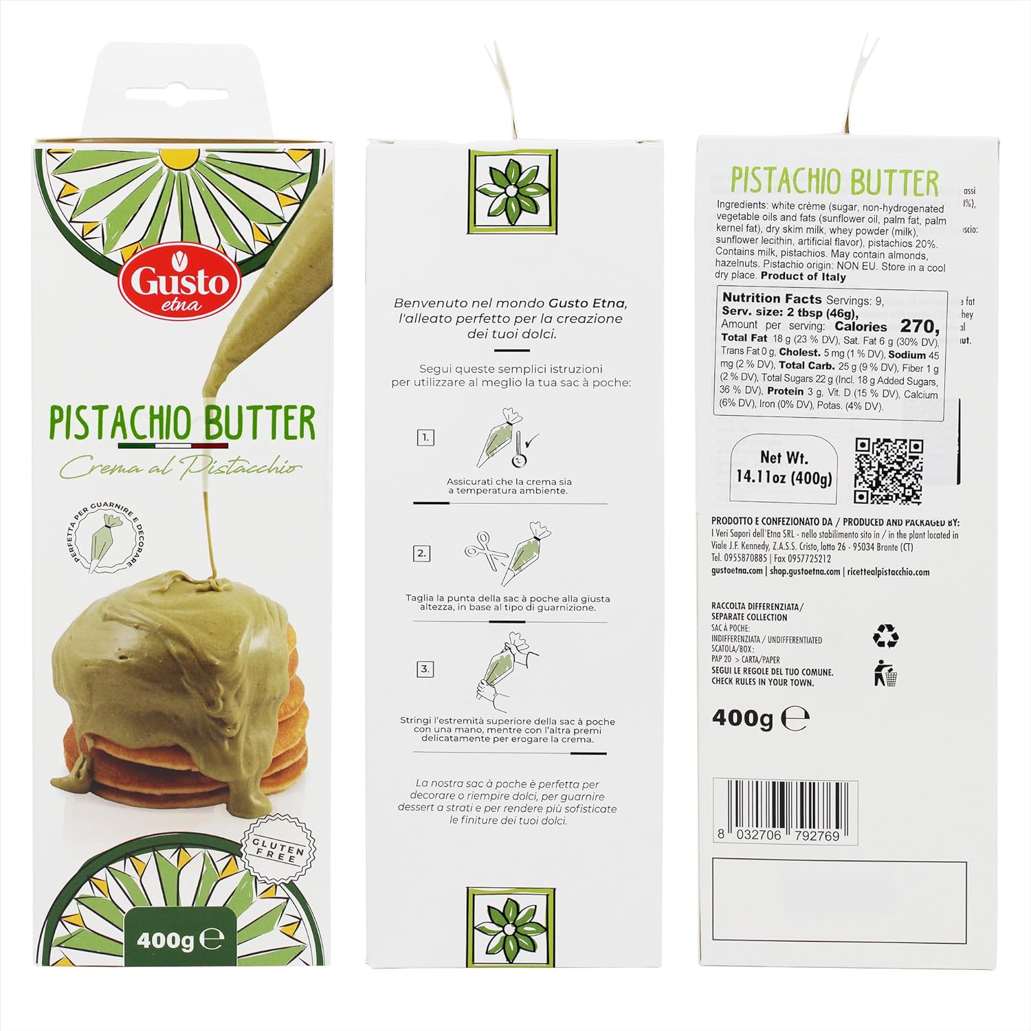 Gusto Etna Pistachio Butter in a piping bag and box, made with creamy pistachios for gourmet desserts.