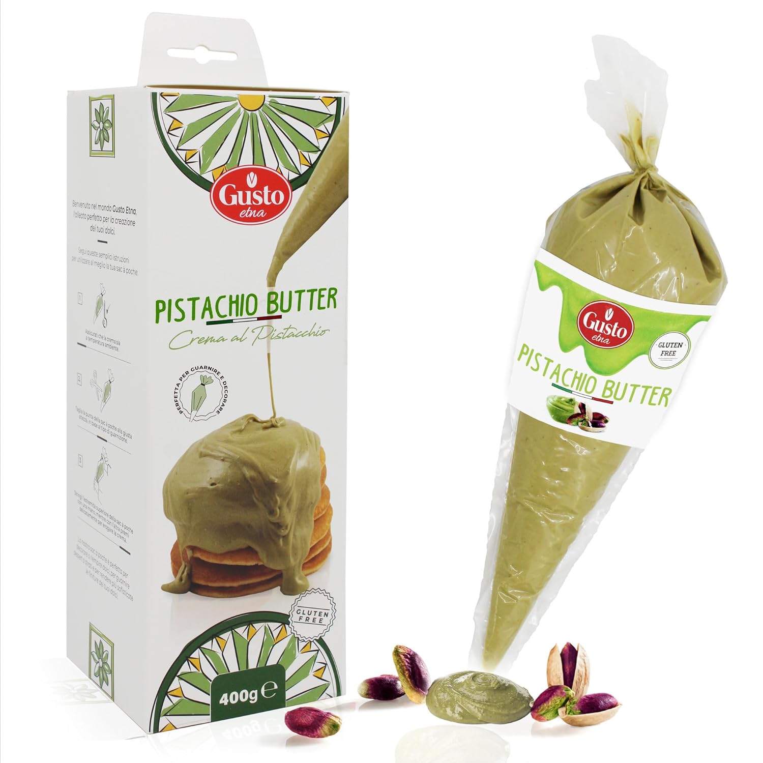 Gusto Etna Pistachio Butter in a piping bag and box, made with creamy pistachios for gourmet desserts