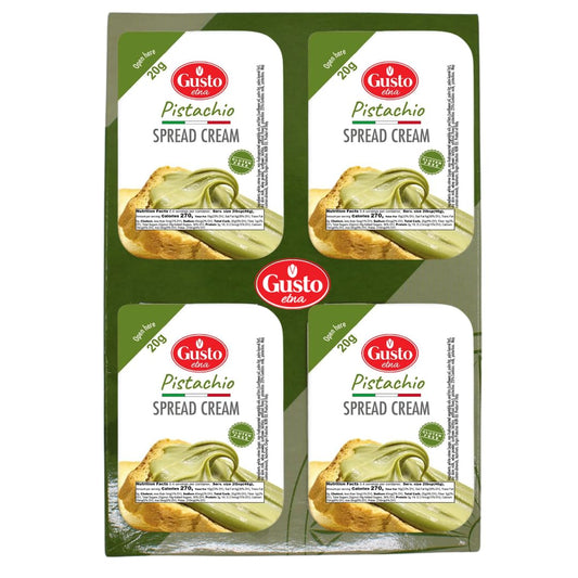 Four packages of Gusto Pistachio Spread Cream on a white background