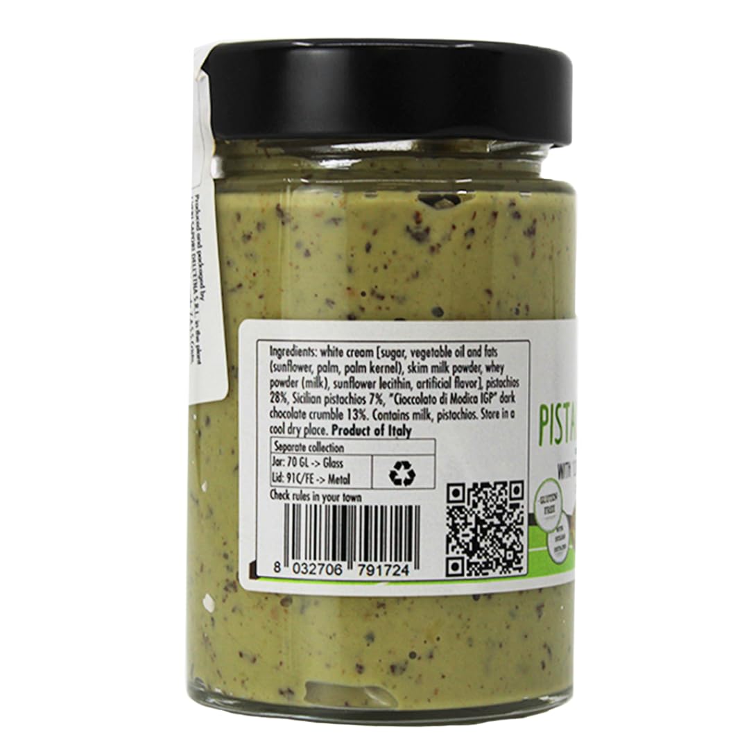 Gusto Etna Pistachio Butter with Cioccolato di Modica IGP, a creamy Sicilian pistachio spread with chocolate crumble, perfect for gourmet desserts and pastries.