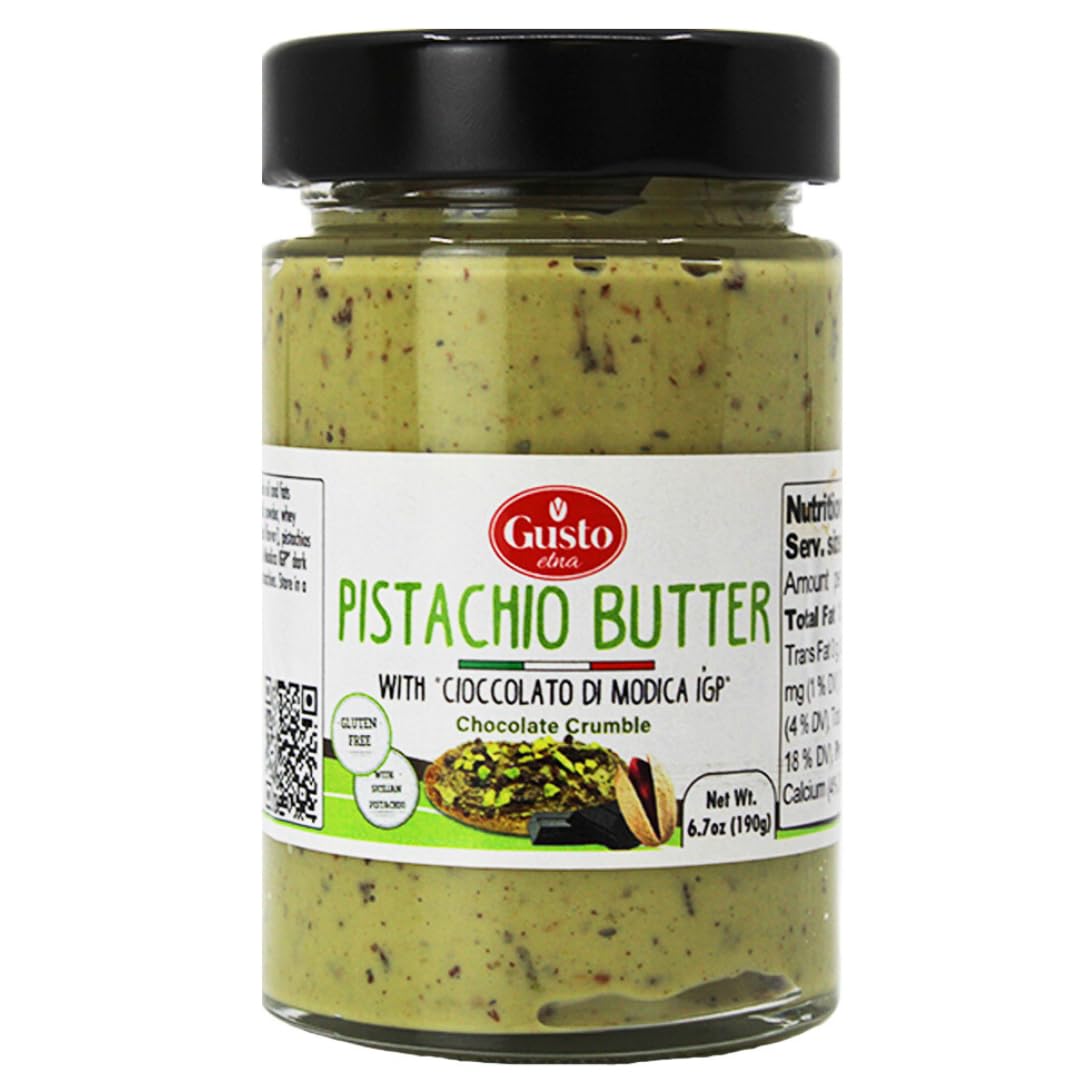 Gusto Etna Pistachio Butter with Cioccolato di Modica IGP, a creamy Sicilian pistachio spread with chocolate crumble, perfect for gourmet desserts and pastries.