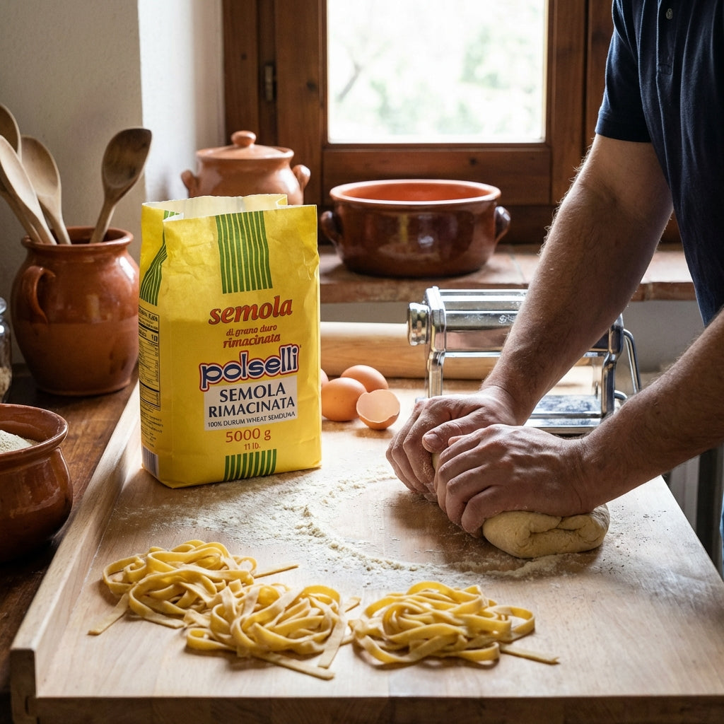 Person making pasta with a bag of polseli semola semolina on a wooden table.