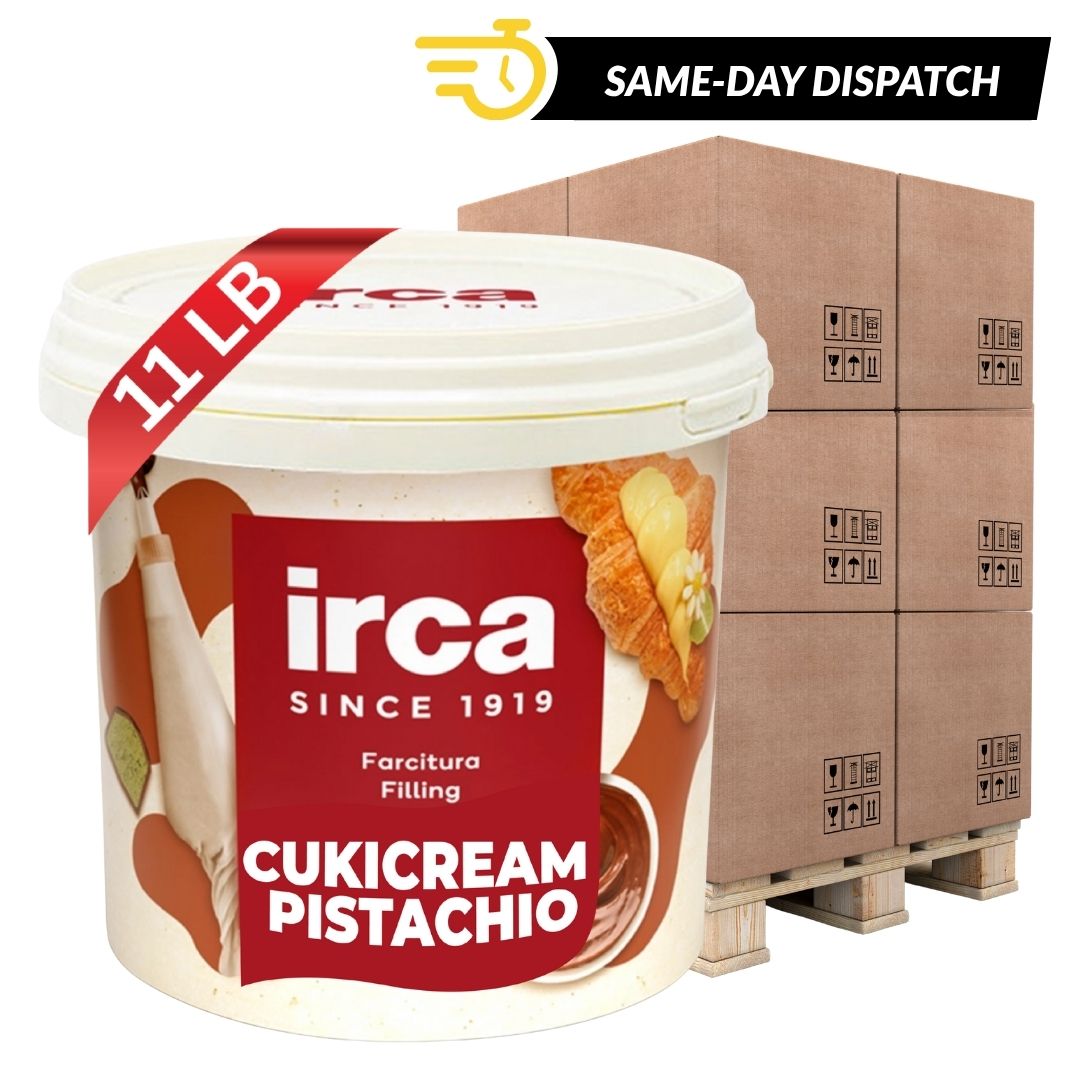 Irca Cukicream Pistachio container with packaging boxes and 'Same-Day Dispatch' text. crumble