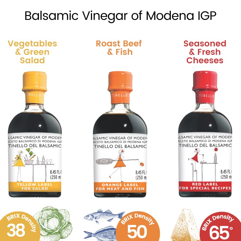 Three bottles of Balsamic Vinegar of Modena IGP with different colored labels and uses.