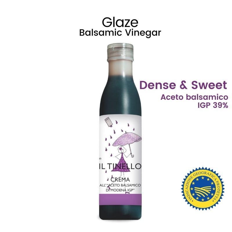 Bottle of Il Tinello balsamic vinegar with label and certification logo on a white background