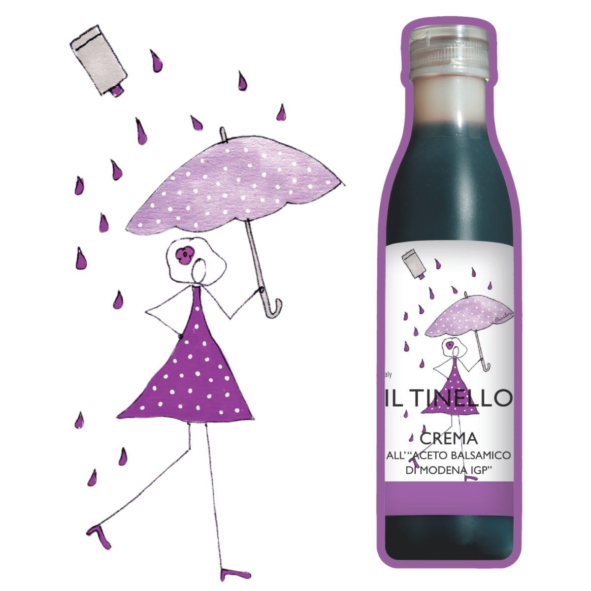 Bottle of Il Tinello Crema with a cartoon character holding an umbrella on a white background