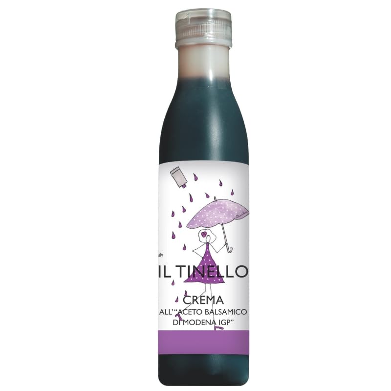 Bottle of Il Tinello Crema with a label featuring a cartoon character holding an umbrella on a white background.