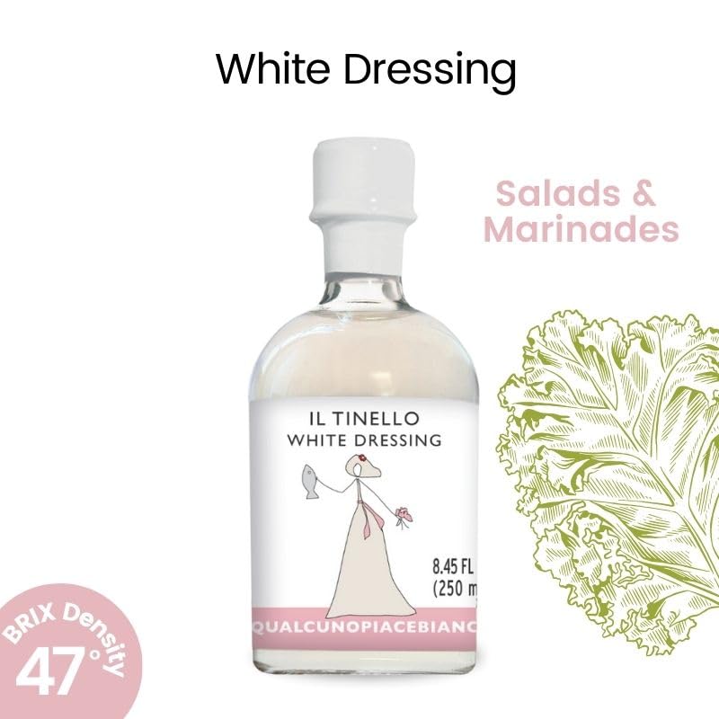 Bottle of Il Tinello White Dressing with a label and text on a white background
