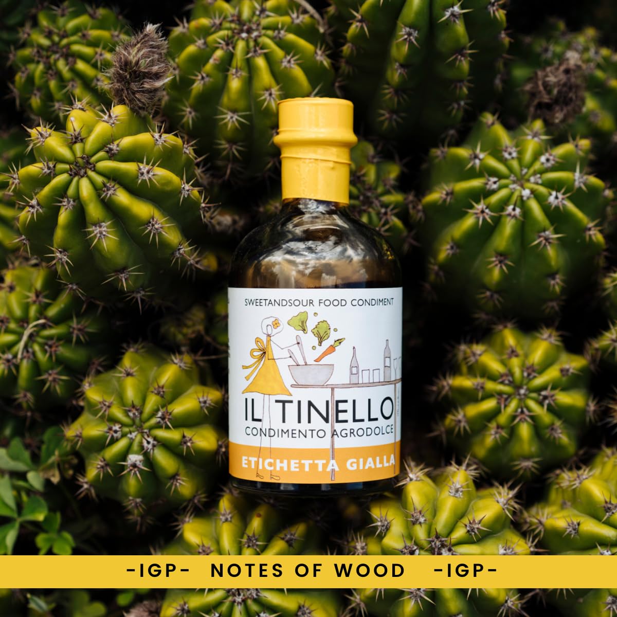 Bottle of Il Tiniello condiment with a yellow cap against a cactus background