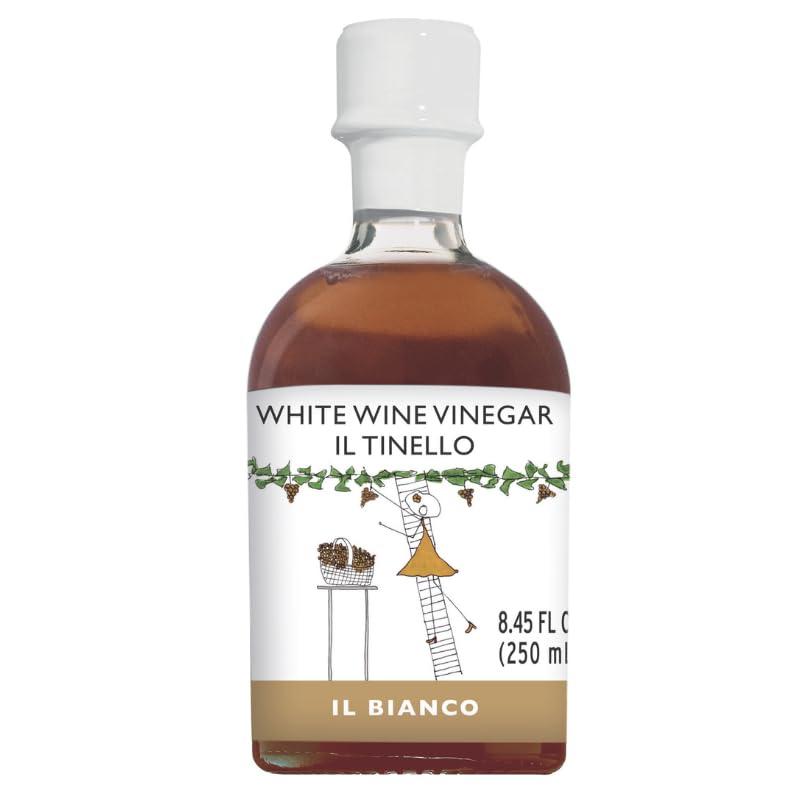 Bottle of Il Tinello white wine vinegar on a white background
