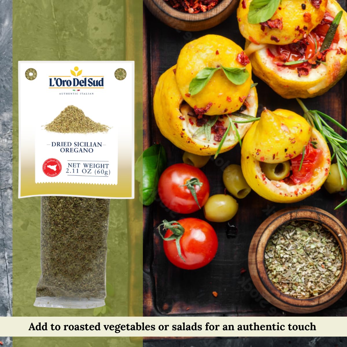 Bag of L'Oro Del Sud dried Sicilian oregano, ground, 2.11 oz (60 g), displayed next to a small mound of the finely textured herb on a white surface, highlighting its authentic Italian quality and aromatic flavor