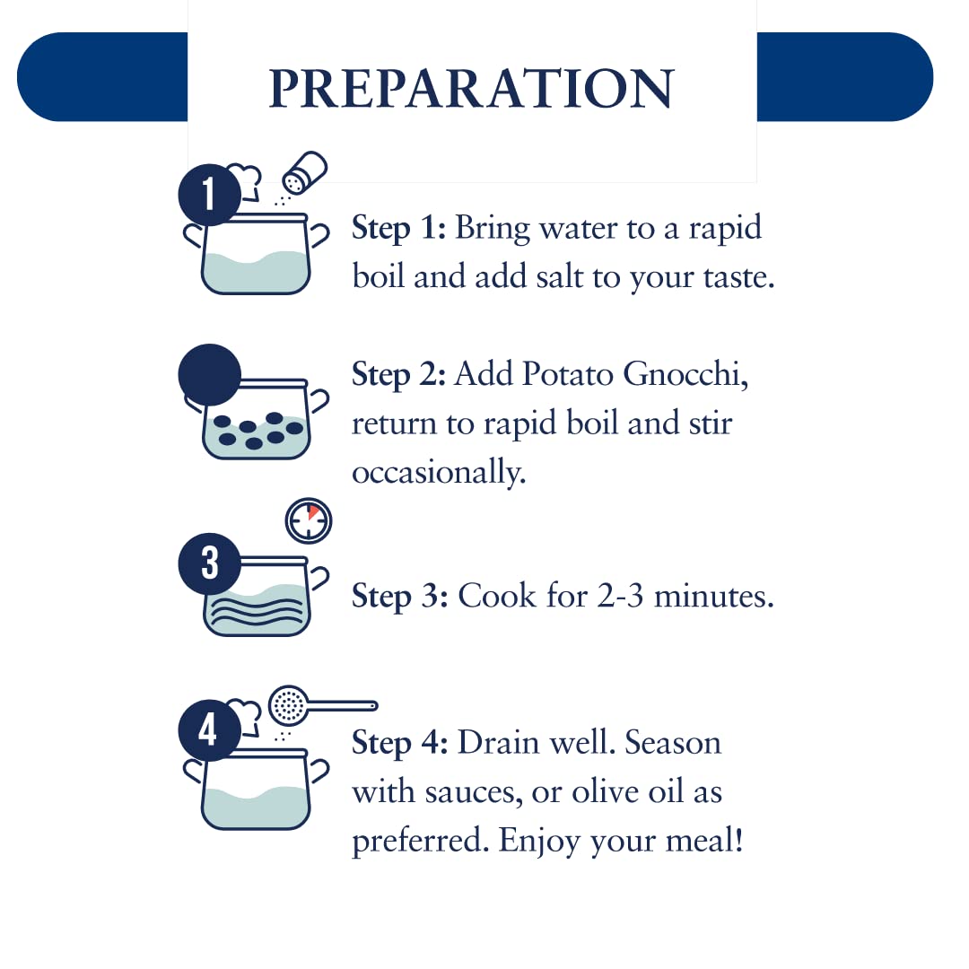 Cooking instructions for L'Oro Del Sud potato gnocchi with four illustrated steps: boil water with salt, add gnocchi, cook 2-3 minutes, drain and season with sauce or olive oil