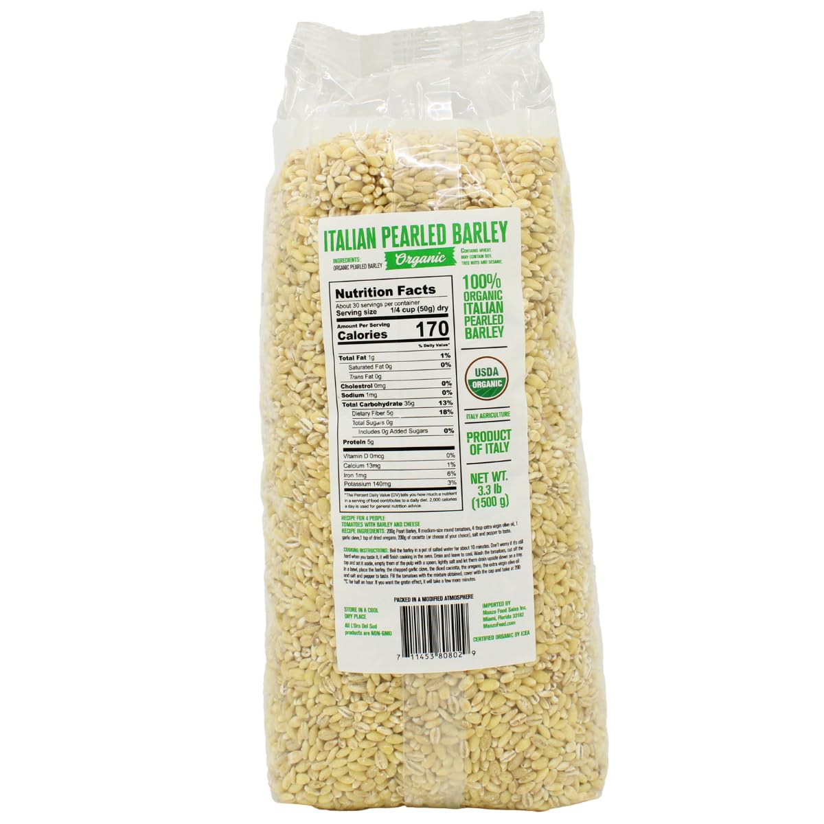 Back view of L'Oro Del Sud Organic Italian Pearled Barley 3.3 lb bag showing nutrition facts and product details
