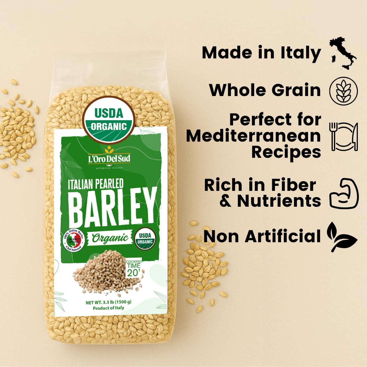 Front view of L’Oro del Sud Organic Italian Pearled Barley 3.3 lb bag with USDA Organic certification, showcasing whole grain barley and product benefits highlighted on packaging.