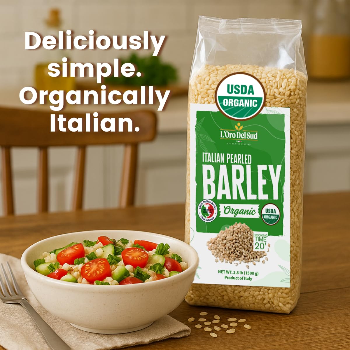 Organic Italian Pearled Barley 3.3 lb by L’Oro Del Sud, USDA Organic, product showcased with a cooked barley salad featuring zucchini and carrots, perfect for Mediterranean recipes