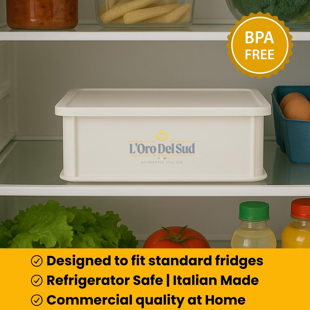 L'Oro Del Sud BPA Free Dough Proofing Box stored in refrigerator with vegetables and juice, Italian made, commercial quality for home use