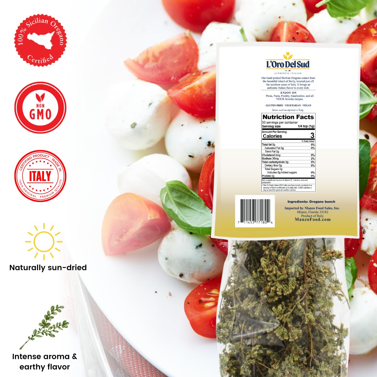 Back view of L’Oro Del Sud Dried Sicilian Oregano 40g pack, showing nutrition facts, certifications (Non-GMO, 100% Sicilian Oregano, Made in Italy), and product description with mozzarella and tomato salad background.
