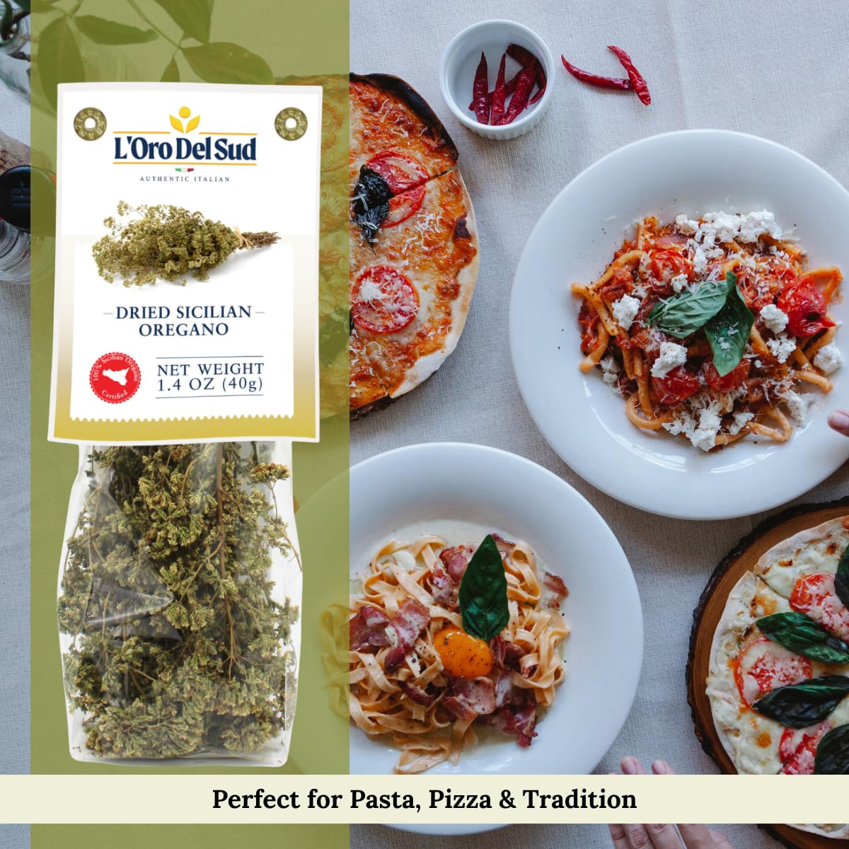L’Oro del Sud dried Sicilian oregano 1.4 oz bag front view with authentic Italian herbs, perfect for seasoning pasta, pizza, and Mediterranean dishes