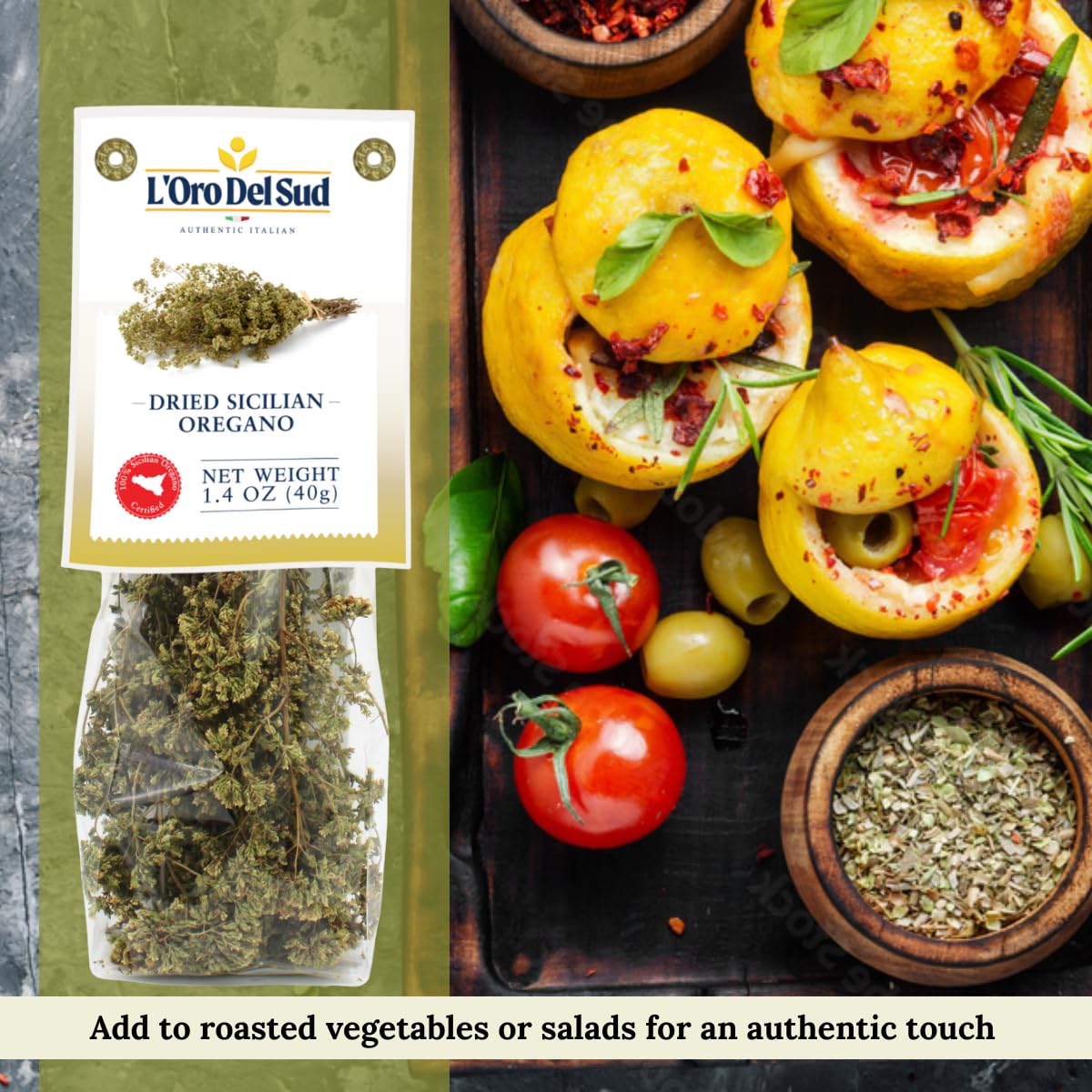 Front packaging of L’Oro Del Sud Dried Sicilian Oregano, 40g (1.4 oz), authentic Italian oregano with red Sicilian certification seal, shown in clear bag with visible oregano bunch.