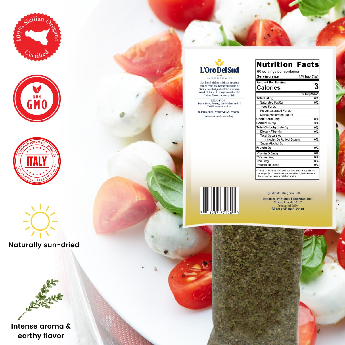 Back view of L'Oro Del Sud Dried Sicilian Oregano 2.11 oz (60g) in resealable bag, showing nutrition facts, certifications (Non-GMO, Italian Certified, 100% Sicilian Oregano), and fresh mozzarella tomato salad background.