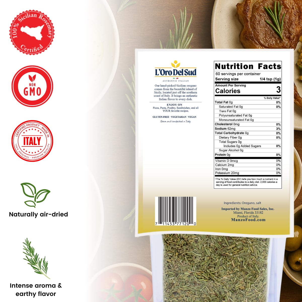 Back view of L’Oro Del Sud Dried Sicilian Rosemary 2.11 oz package showing nutrition facts, certifications, and product details with rosemary leaves background