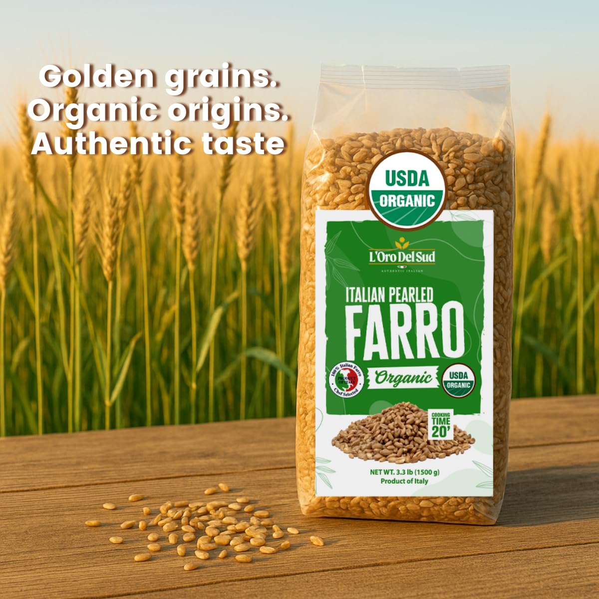 L’Oro Del Sud – Organic Italian Pearled Farro – 3.3 lb bag on wooden table with wheat field background – USDA Organic Italian whole grain farro