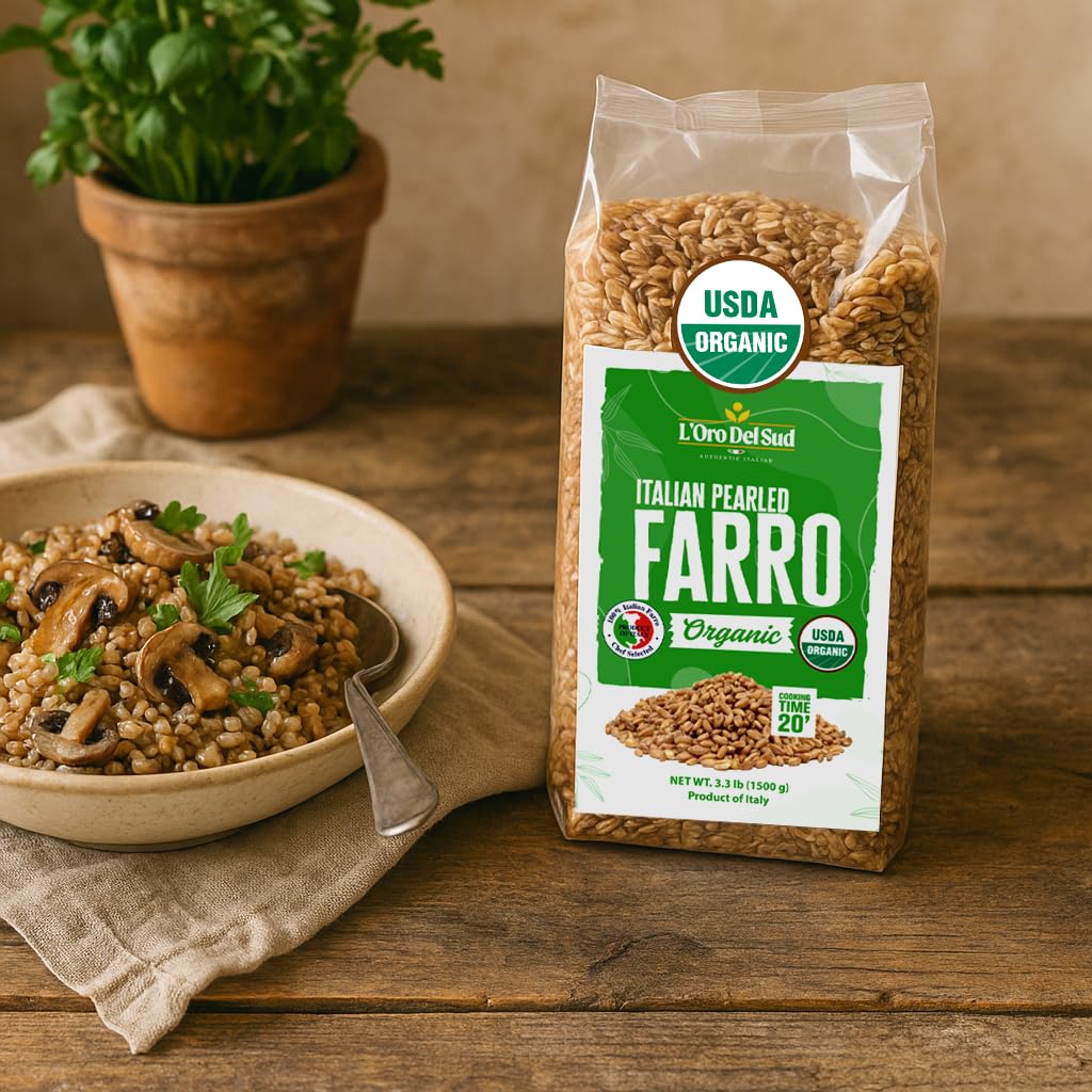 Organic Italian pearled farro in 3.3 lb (1500 g) bag from L'Oro Del Sud, USDA certified, displayed on rustic table with cooked farro and mushrooms in a bow