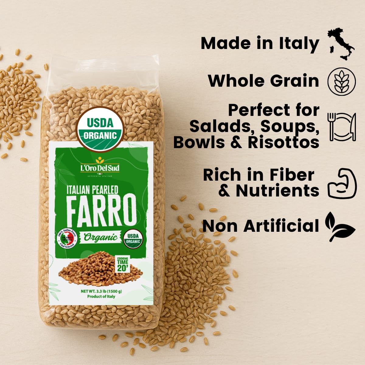 Package of L'Oro Del Sud Organic Italian Pearled Farro 3.3 lb with scattered grains on beige surface, highlighted as whole grain rich in fiber and nutrients, ideal for salads, soups, bowls, and risottos
