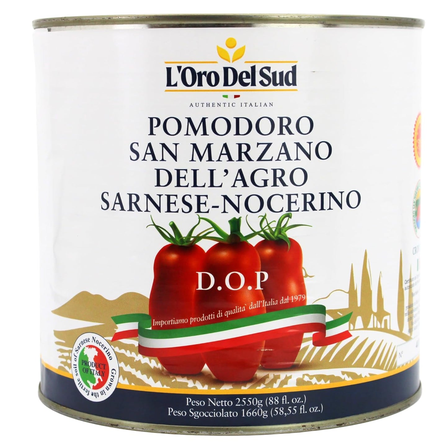 L'Oro Del Sud Pomodoro San Marzano dell’Agro Sarnese-Nocerino D.O.P. whole peeled tomatoes, 2550g can, authentic Italian product