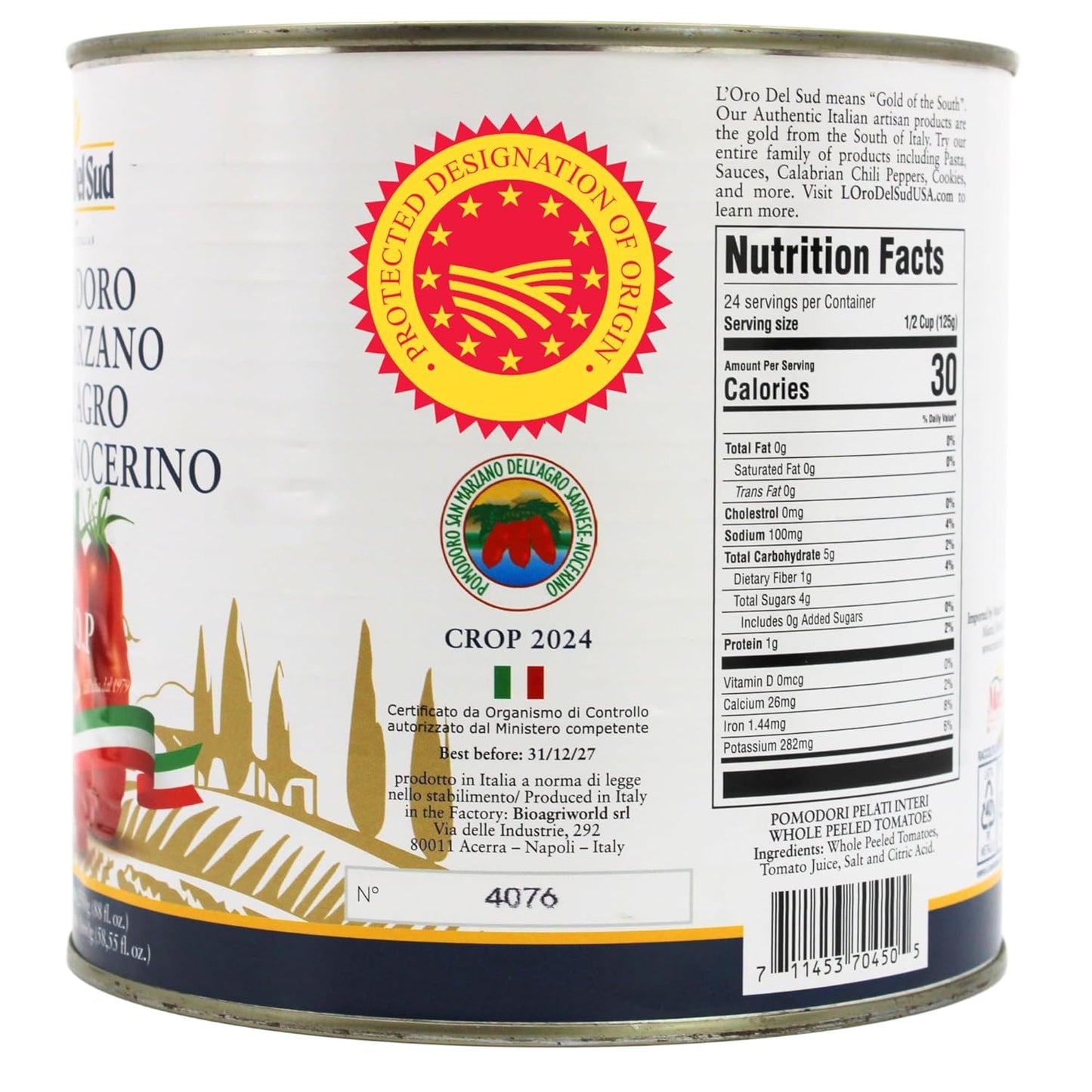 L'Oro Del Sud Pomodoro San Marzano dell’Agro Sarnese-Nocerino D.O.P. whole peeled tomatoes, 2550g can, authentic Italian product"