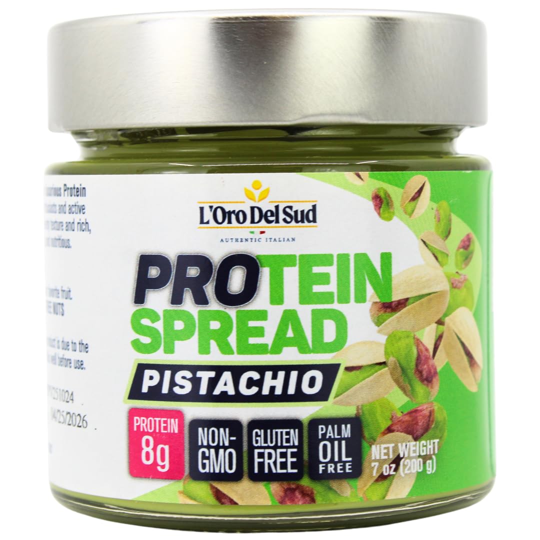 L’Oro Del Sud Protein Spread Pistachio 7oz jar, high protein gluten free spread