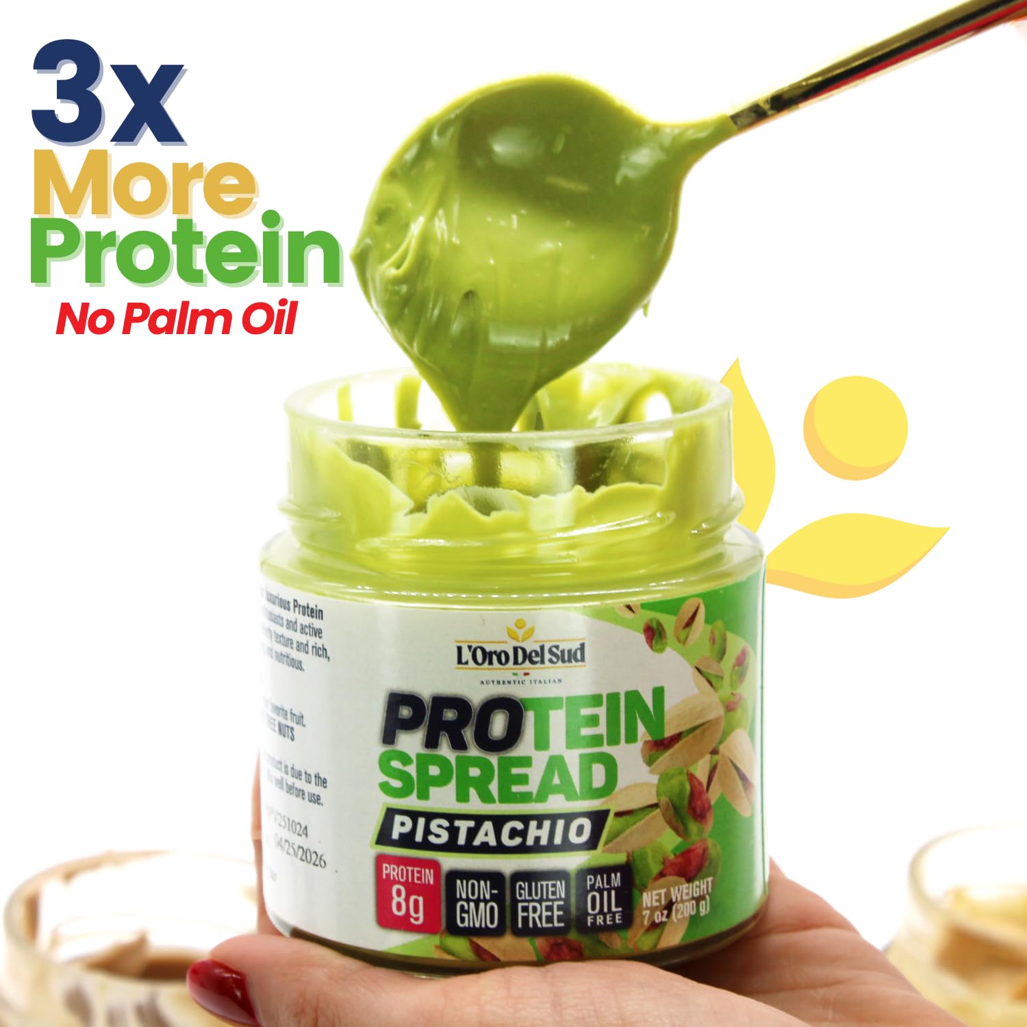 L’Oro Del Sud Protein Spread Pistachio 7oz jar, high protein gluten free spread