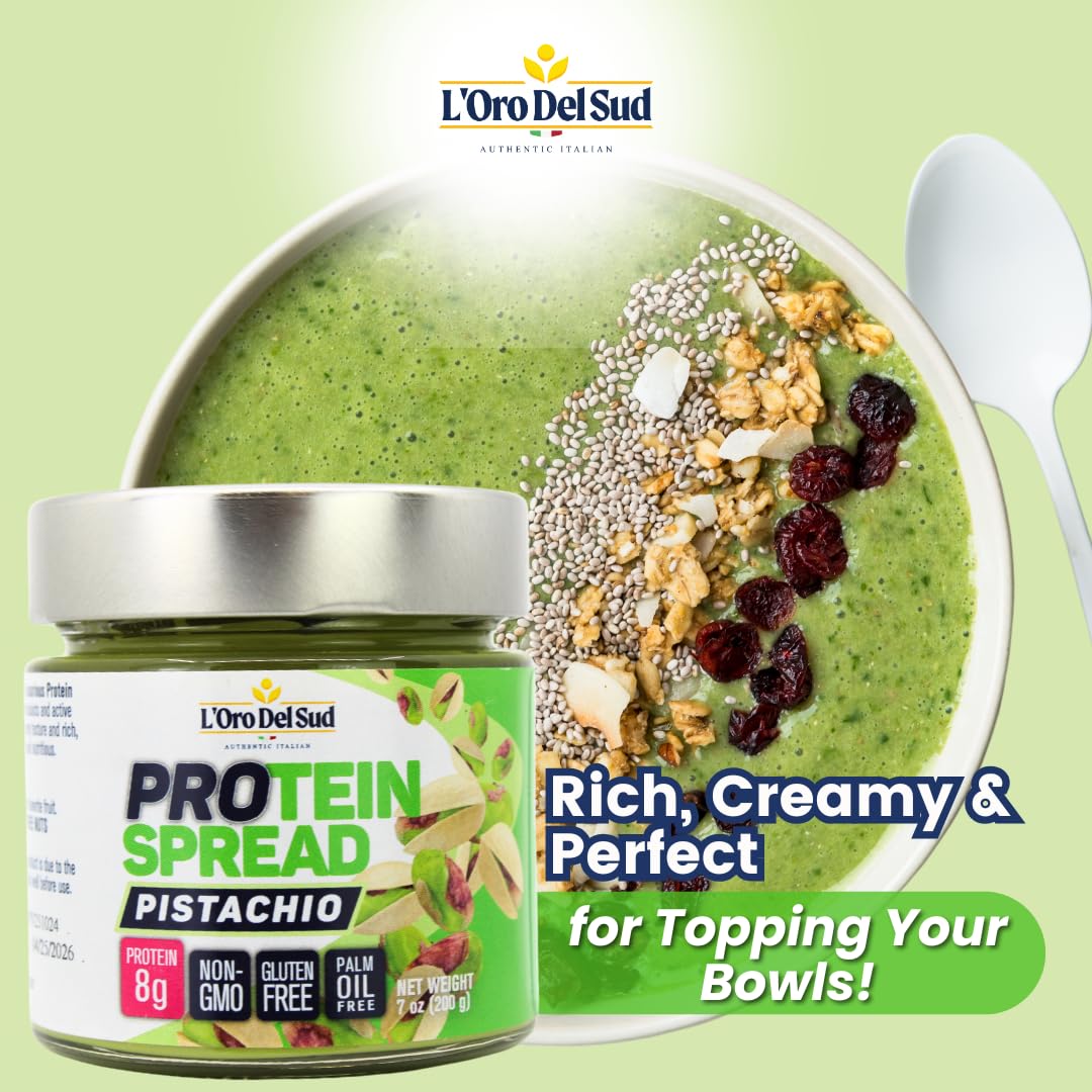 L’Oro Del Sud Protein Spread Pistachio 7oz jar, high protein gluten free spread