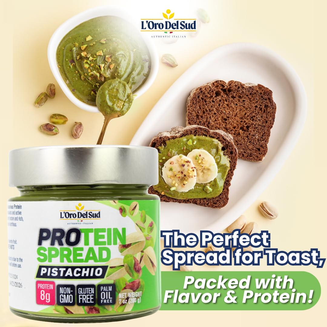 L’Oro Del Sud Protein Spread Pistachio 7oz jar, high protein gluten free spread