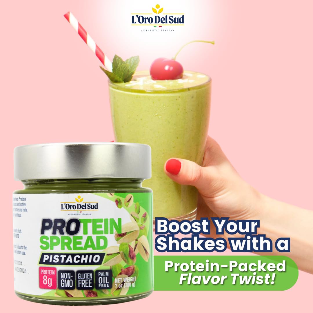 L’Oro Del Sud Protein Spread Pistachio 7oz jar, high protein gluten free spread