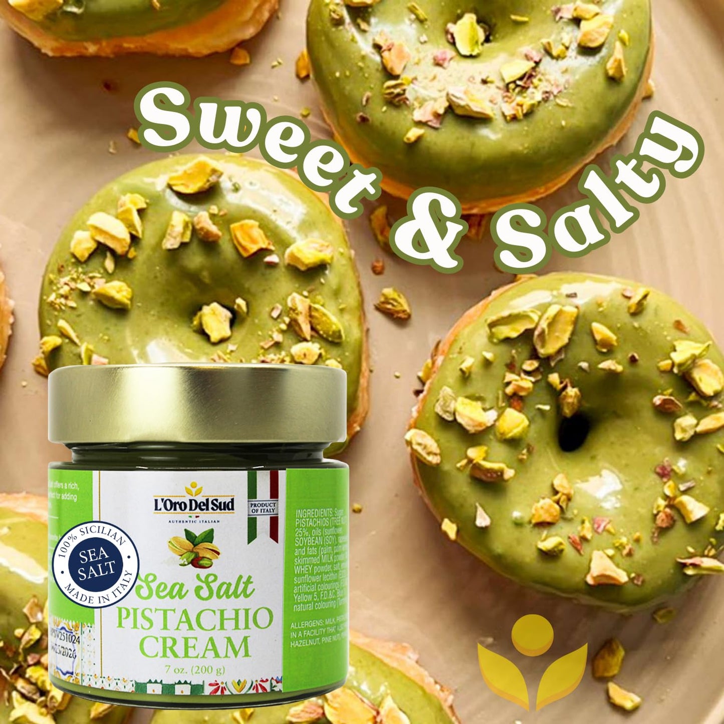 L’Oro Del Sud Sea Salt Pistachio Cream spread 7oz jar, authentic Italian pistachio cream with sea salt, gourmet sweet and savory spread for desserts and pastries.