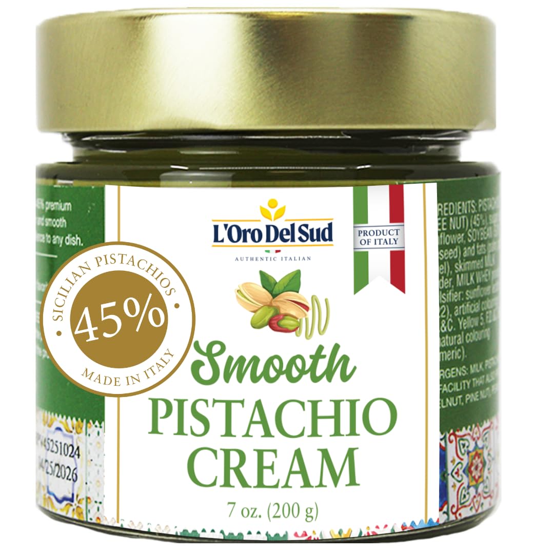 L’Oro Del Sud Smooth Pistachio Cream, made in Italy with 45% Sicilian pistachios, 7 oz jar – authentic Italian spread, creamy texture, perfect for desserts, pastries, and gourmet recipes.