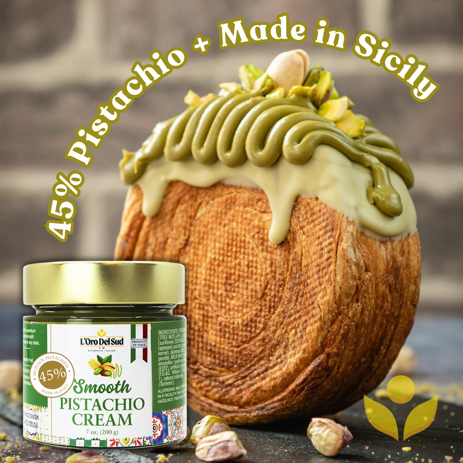 L’Oro Del Sud Smooth Pistachio Cream, made in Italy with 45% Sicilian pistachios, 7 oz jar – authentic Italian spread, creamy texture, perfect for desserts, pastries, and gourmet recipes.