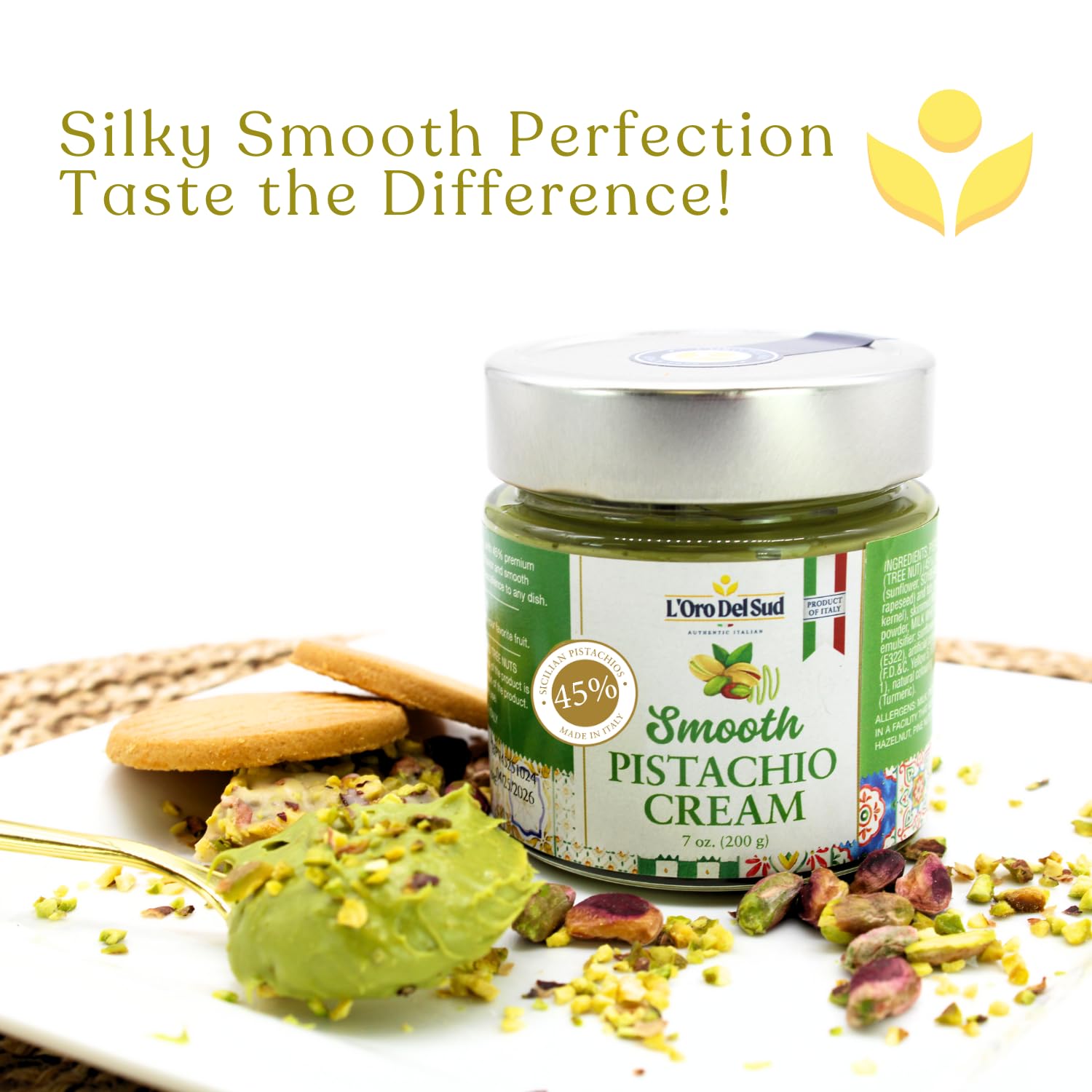 L’Oro Del Sud Smooth Pistachio Cream, made in Italy with 45% Sicilian pistachios, 7 oz jar – authentic Italian spread, creamy texture, perfect for desserts, pastries, and gourmet recipes.