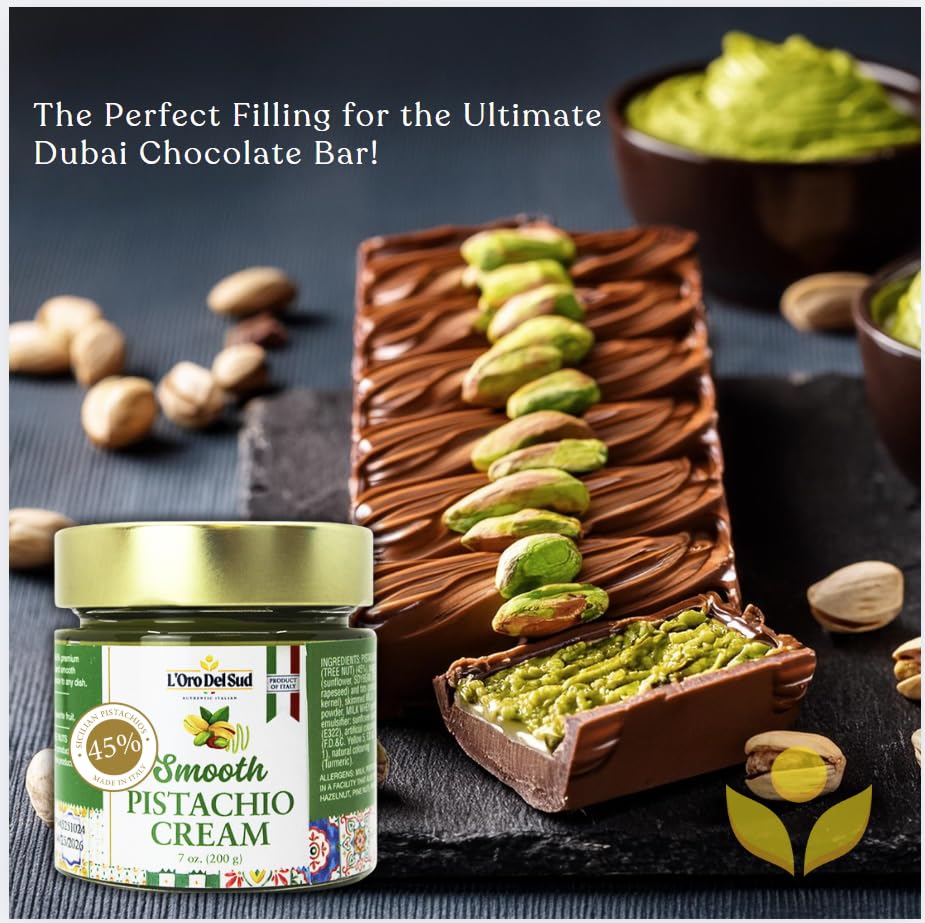 L’Oro Del Sud Smooth Pistachio Cream, made in Italy with 45% Sicilian pistachios, 7 oz jar – authentic Italian spread, creamy texture, perfect for desserts, pastries, and gourmet recipes.
