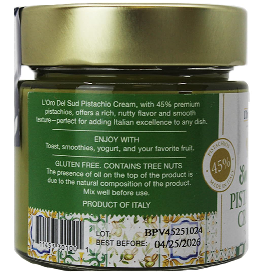 L’Oro Del Sud Smooth Pistachio Cream, made in Italy with 45% Sicilian pistachios, 7 oz jar – authentic Italian spread, creamy texture, perfect for desserts, pastries, and gourmet recipes.
