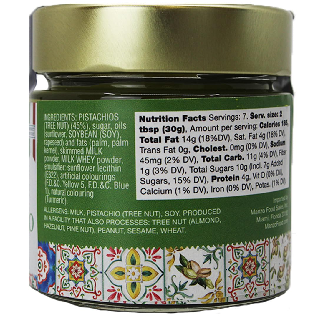 L’Oro Del Sud Smooth Pistachio Cream, made in Italy with 45% Sicilian pistachios, 7 oz jar – authentic Italian spread, creamy texture, perfect for desserts, pastries, and gourmet recipes.
