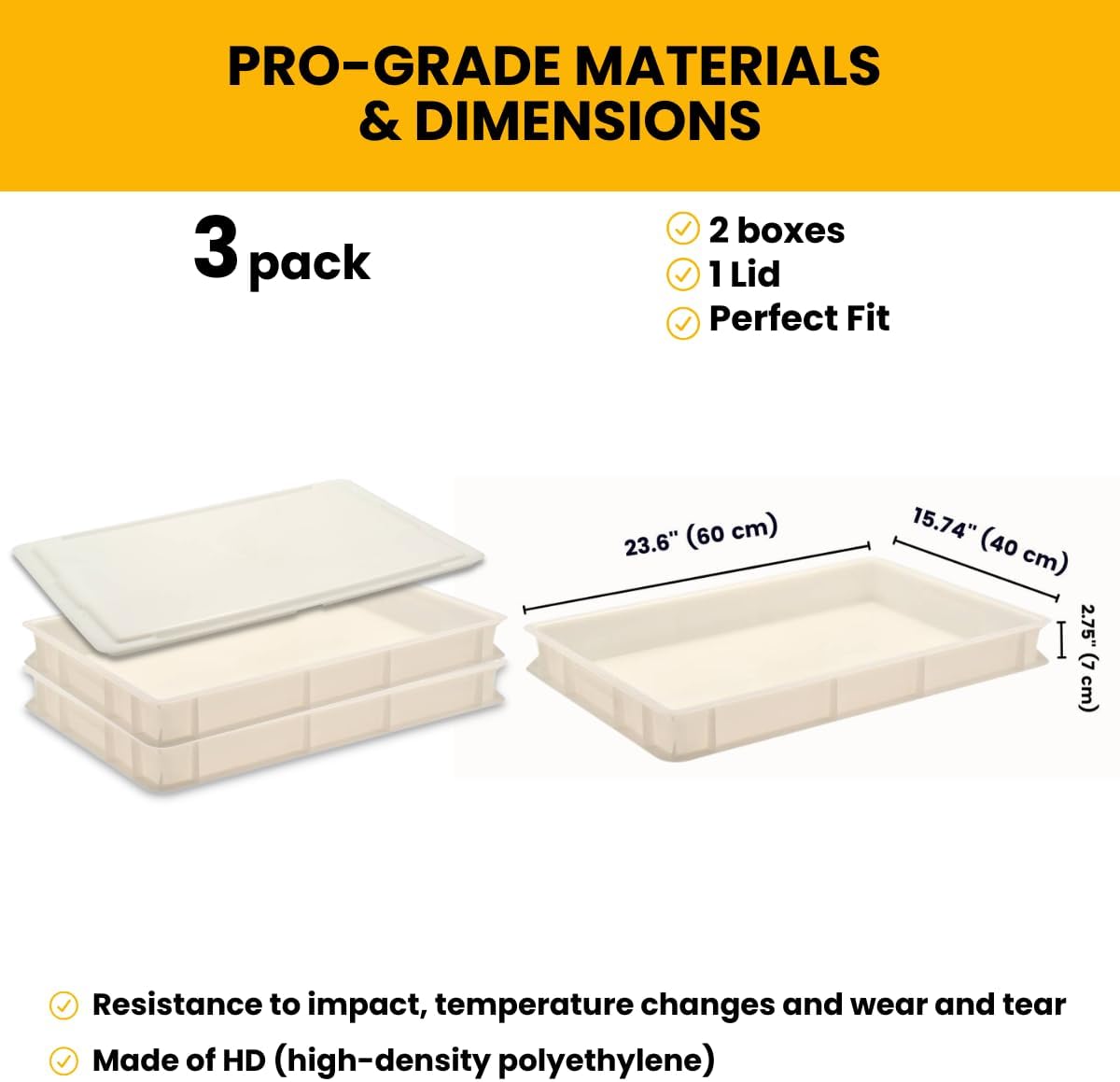 Set of two stackable white dough proofing boxes with lid, dimensions 23.6 x 15.74 x 2.75 inches (60 x 40 x 7 cm), showing resistance to impact, temperature changes, and wear, made of high-density polyethylene.