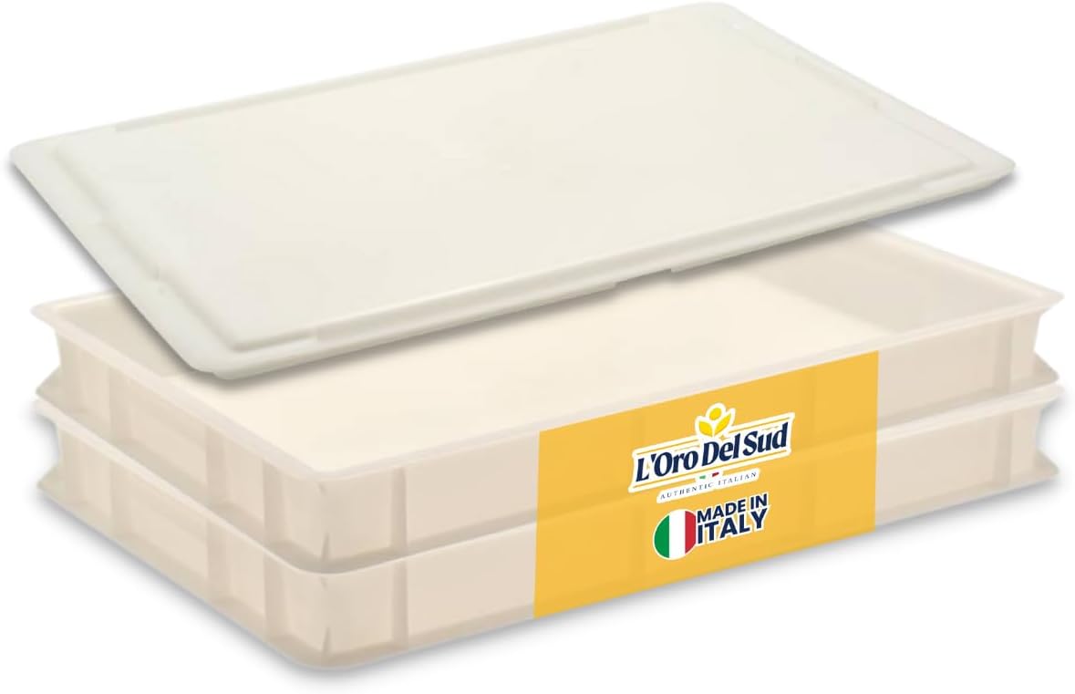 Stackable white dough proofing trays with lid by L’Oro Del Sud, made in Italy, ideal for pizza dough storage.
